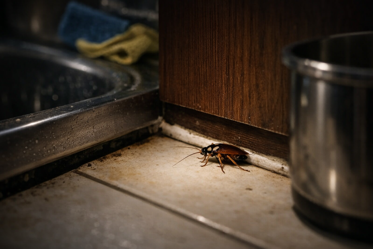 Prusak (Blattella germanica) w kuchni przy listwie — typowa aktywność nocą, zwalczanie prusaków Poznań