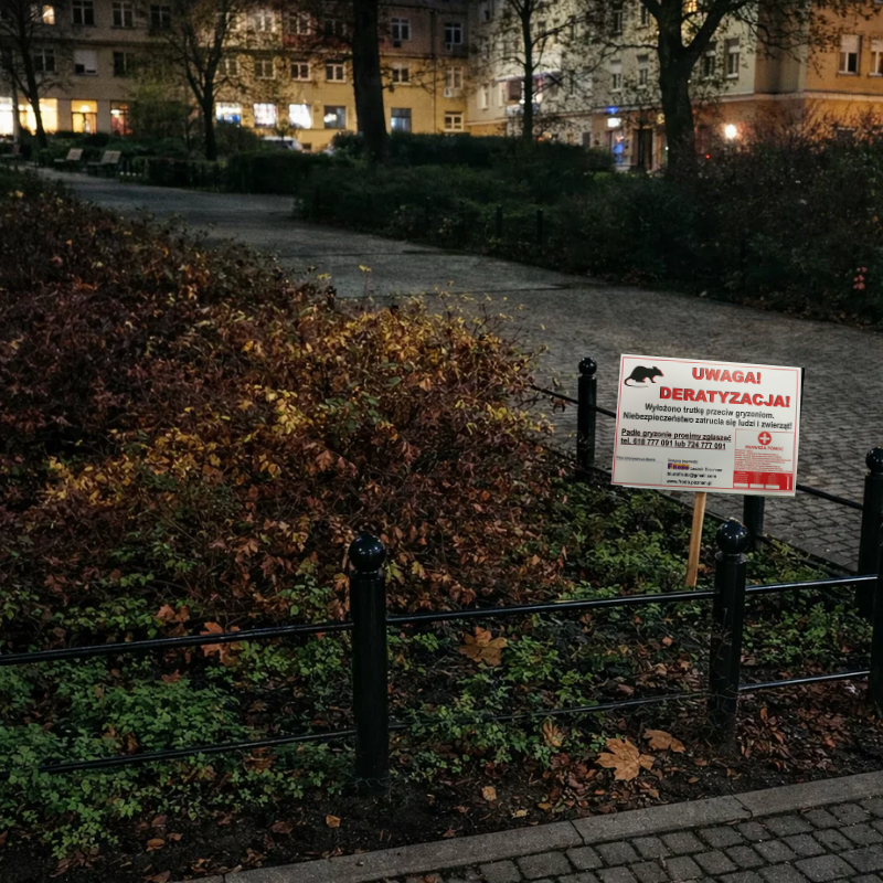 Tabliczka ostrzegawcza informująca o wyłożeniu trutki przeciw gryzoniom na terenie nieruchomości