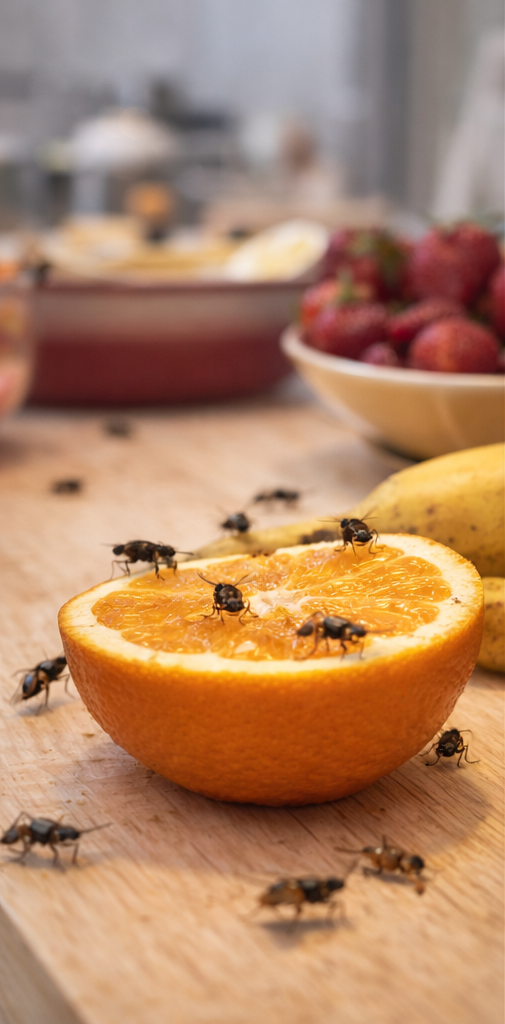 Muchy domowe na blacie kuchennym i owocach — typowa obecność much w mieszkaniu