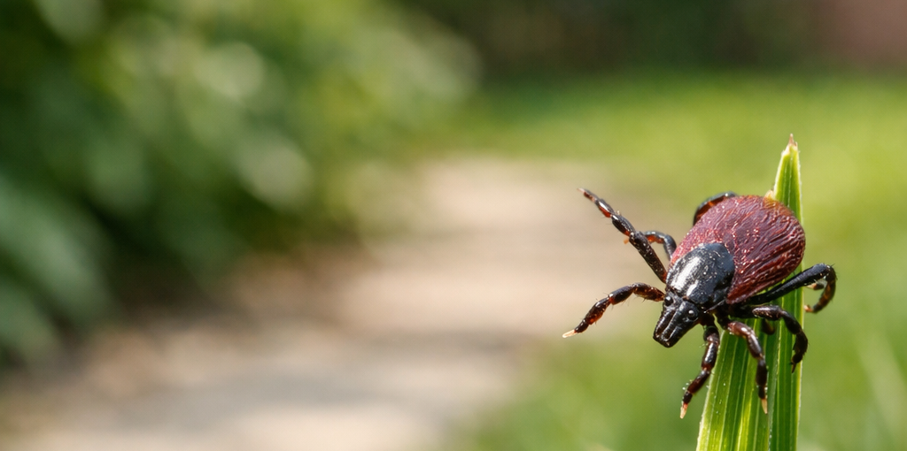 Kleszcz siedzący na źdźble trawy w ogrodzie