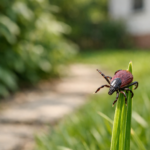 Kleszcz siedzący na źdźble trawy w ogrodzie
