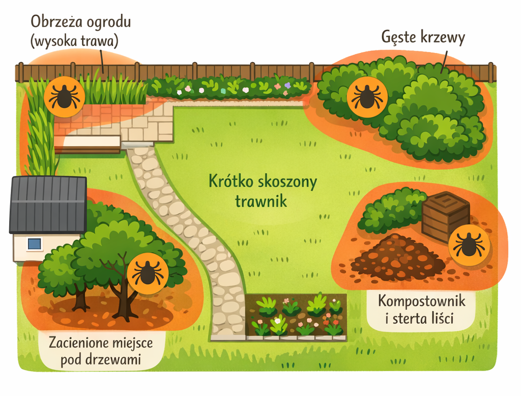 Schemat ogrodu pokazujący strefy ryzyka kleszczy: obrzeża trawnika, krzewy, cień i miejsca wilgotne